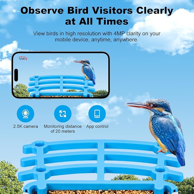 Smart Bird Feeder with Camera Solar Powered & Wireless Outdoor, HD Auto-Capture with Instant Alerts, Live Video Streaming via 2.4G WiFi, Weatherproof Auto-Recording Design, Gift for Bird Lovers