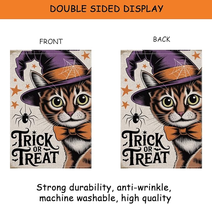 HTBIG Halloween Decor Garden Flag, Halloween Cat Trick or Treat Garden Flag, Yard Flags for Outside 12x18 inch, Outside Yard for Home Decorations