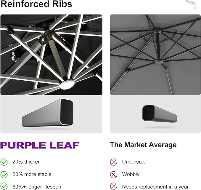 PURPLE LEAF 12ft Solar powered LED Patio Umbrella Outdoor Round Umbrella Large Cantilever Umbrellas with LED lights Windproof Offset Umbrellas Heavy Duty Sun Umbrella for Garden Deck Pool Patio, Black