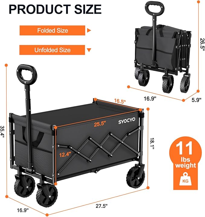 Collapsible Wagon Cart 220lbs Beach Foldable Wagon Lightweight & Portable Folding Utility Grocery Shopping Carts with Wheels for Shopping Sports Garden Camping Grey