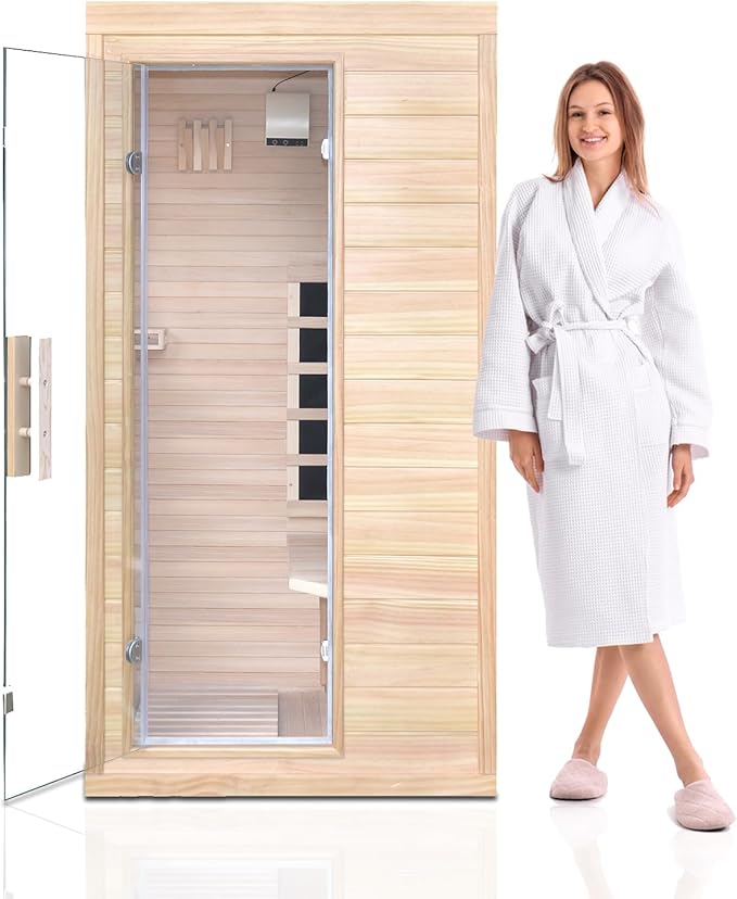 1 Person Infrared Sauna, Hemlock Wooden Indoor Far Infrared Side-Opening Sauna Room,Home Dry Sauna with 6 Infrared Heating Panels Tempered Glass Door,Bluetooth Speakers 7 Chromotherapy Lights（1350W）