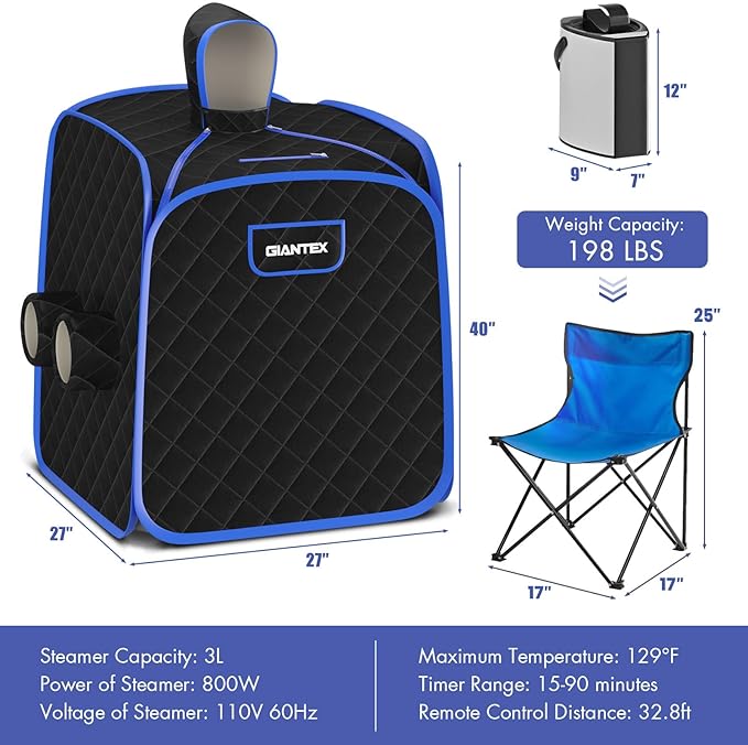 Giantex Portable Folding Sauna, 1 or 2 Person Steam Spa with Remote Control, Folding Chair, Foot Massage Roller, Absorbent Mat, 9 Temperature Levels, 3L Steamer, 800W Home Full Body Spa Tent (Black)
