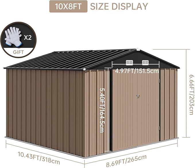 8X10FT Metal Outdoor Storage Shed - Galvanized Steel Waterproof Garden Shed with Lockable Doors & Vents, All-Weather Utility Tool Shed for Lawn Mower, Bike