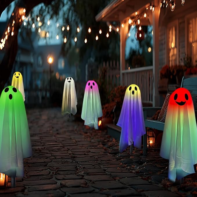 Halloween Ghost Pathway Lights with Stakes, 6PCS Solar Colorful Light Ghost Decorations, Waterproof Outdoor Lights for Yard, Lawn, Driveway, Halloween Decor