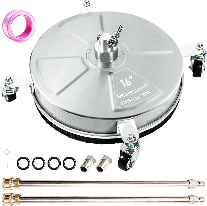 16" Pressure Washer Surface Cleaner with 4 Wheels, Stainless Steel Power Washer Surface Cleaner for Driveways Sidewalks Patios, 1/4" Quick Connector, 2 Extension Wand, 4000 PSI