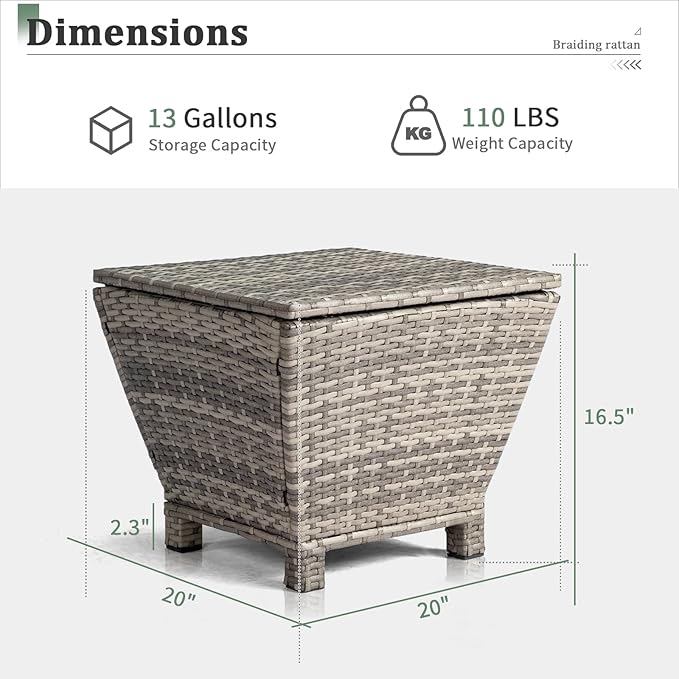 VINGLI 13 Gallon Outdoor Deck Box, Wicker Outdoor Storage Box with Lid, Small Storage Bin Container for Outside and Patio, Patio Rattan Side Table for Yard Porch (Grey, Trapezoidal)