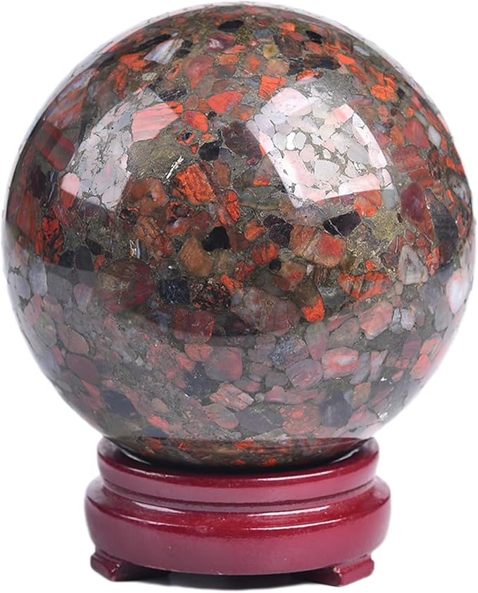 JIC Gem Brazilian Red Agate Crystal Sphere Large Gemstone Sphere Red Healing Crystal Ball with Display Stand Home Decor Meditation Grid Energy Balance (90-100mm)
