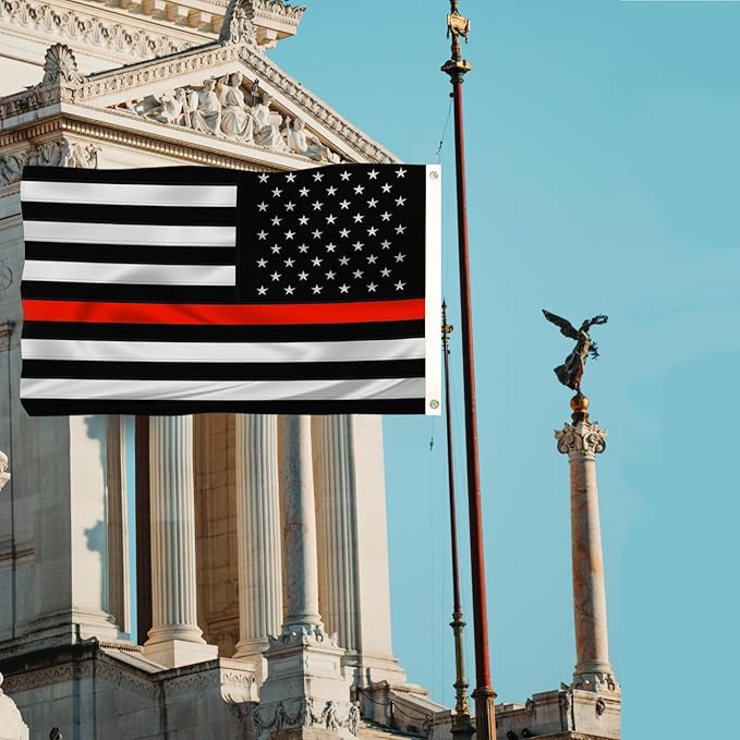 Embroidered Thin Red Line Firefighter Flag 3x5 Outdoor Fire Fighter Flags Polyester Fiber Fireman Flag Banner Bright Color with Durable Canvas Header and 2 Brass Grommets