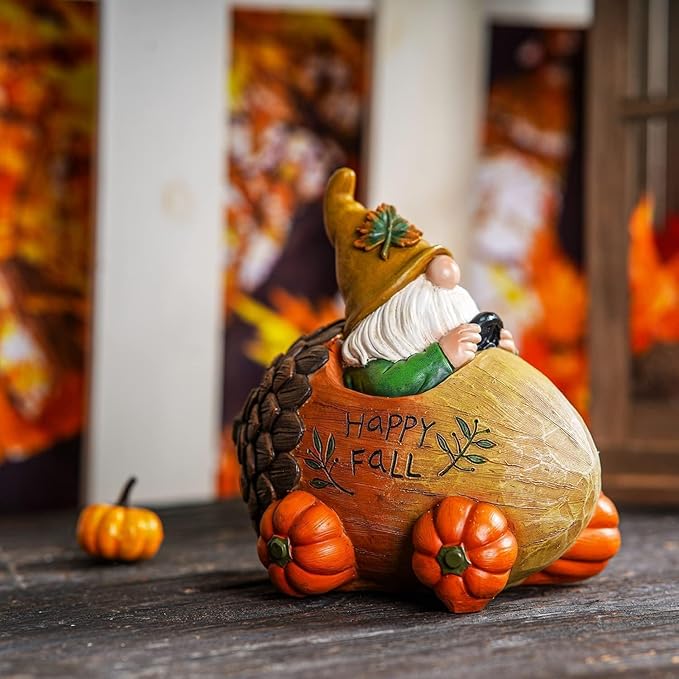 Topadorn Fall Gnome Statue Pine Cone Car with Pumpkin Wheel, Autumn Harvest Gnome Resin Figurine for Home and Outdoor, Thanksgiving Party Home Gnomes Decor