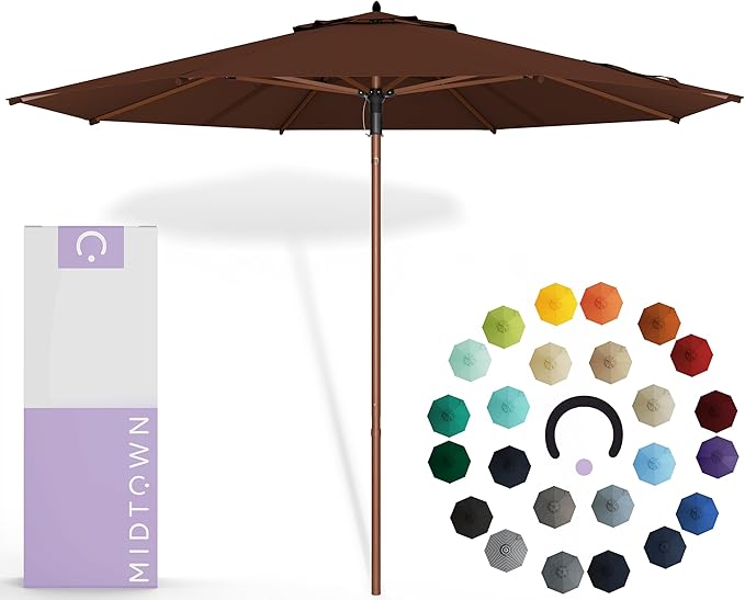 Midtown Umbrellas The Wooden 9 Feet Patio Umbrella With Sunbrella Bay Brown Acrylic Fabric - Aluminum Frame Market Umbrella For Backyard, Deck, Garden, Pool - Wooden Pole