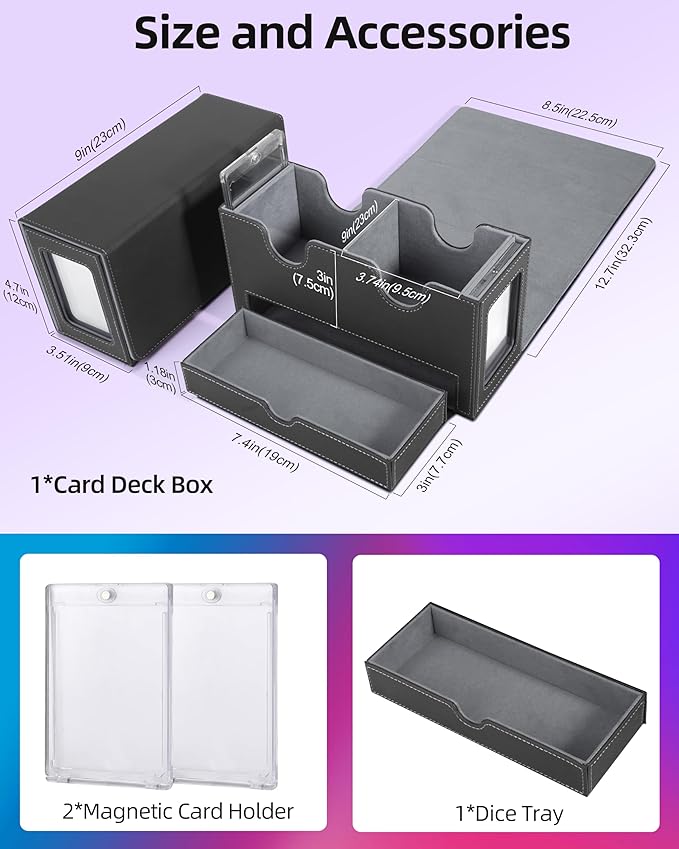 MTG Deck Box, MTG Commander Card Deck Box with Commander Display, Fits 250+ Single Sleeved, Double Card Storage Box with Dice Tray, Magnetic Card Storage Case for CCG TCG Sports Cards, Black Grey