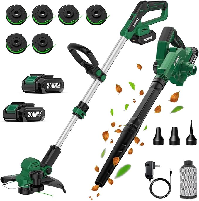 KIMO Weed Wacker and Blower Combo w/2 x 2.0Ah Battery & Charger, 12 Inch String Trimmer w/6pcs Replacement Spools, 4-in-1 Leaf Blower Cordless w/Vacuum, 3 Nozzles & 20" Extended Tube for Yard, Garden