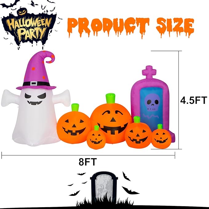 Halloween Decorations Outdoors 8FT Long Inflatable Pumpkin with Ghost and Skull Tombstone Scary Blow Up Halloween Pumpkin Decoration Built-in LEDs for Party Garden Lawn Decor