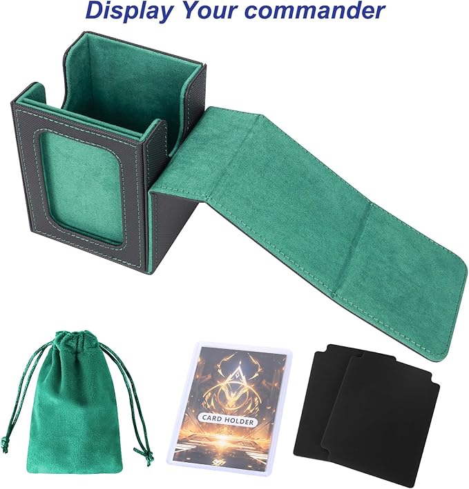 AFIING MTG Deck Box for Commander Display,Card Deck Box Fits 100 Double Sleeved Cards,Magic Commander TCG Card Storage Box with 2 Dividers,Dice Bag and Toploader Black Green