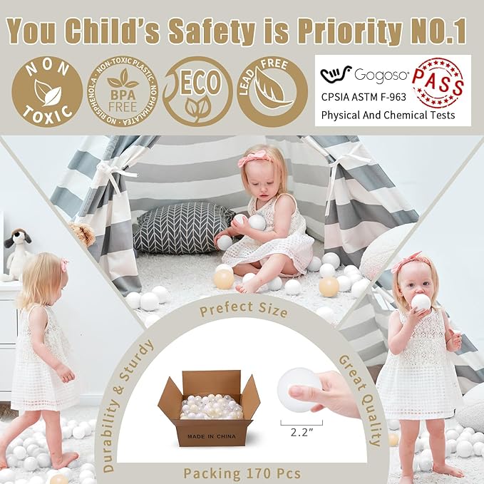 GOGOSO Ball Pit Balls Crush Proof Non-Toxic Plastic Balls Babies Kids Toy Bulk Pack 170pcs 2.2inchs