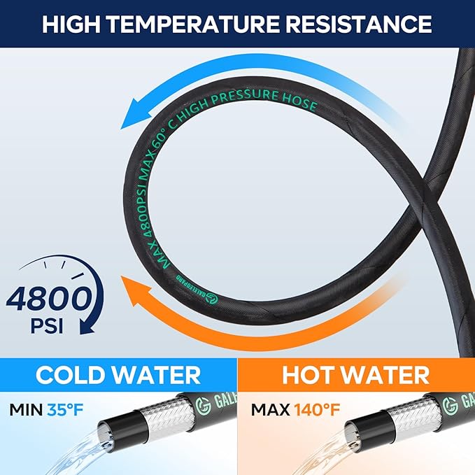 3/8" Pressure Washer Hose 50FT 4800PSI, with M22 14 mm to 3/8 Inch Quick Connect, Kink Resistant Industry Grade Steel Wire Braided Synthetic Rubber Jacket with 2 M22 14mm Adapter Set