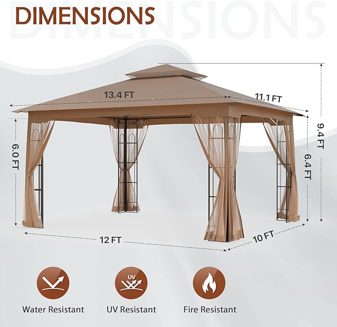 COOS BAY 10x12 Outdoor Patio Gazebo with Netting, Two-Tier Soft Top Canopy for Backyard, Lawn, Deck and Garden, Brown
