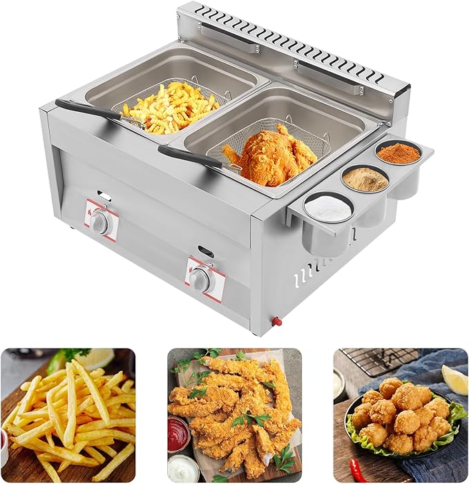 LYNICESHOP Stainless Steel Countertop Gas Fryer, Commercial LPG Gas Deep Fryer with 2 Basket Propane LPG Oil Frying Pot Kitchen Frying Machine Snack Fryer For French Fries Restaurant Home Kitchen