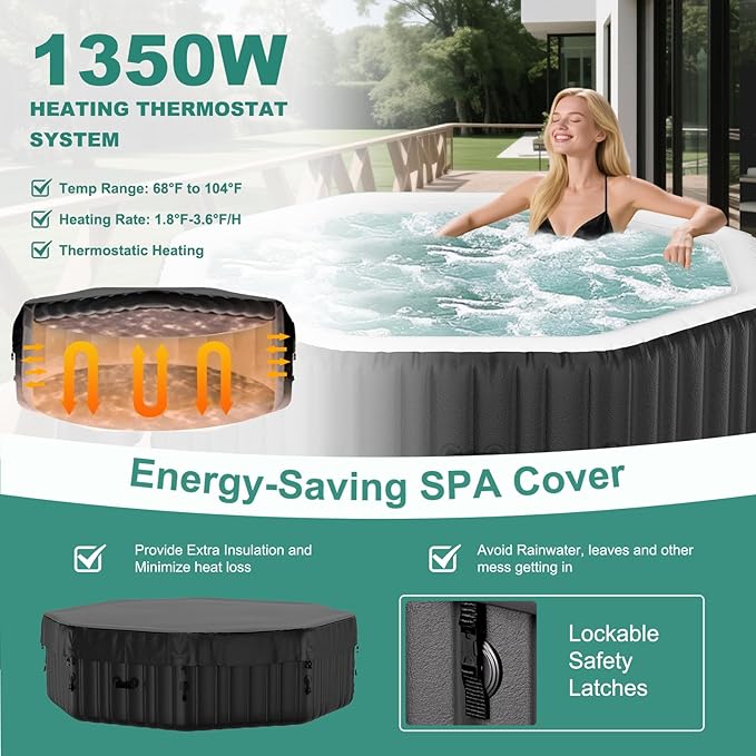 DoCred 4-6 Person Inflatable Hot Tub, 77" X 77" X 25" Octagonal Blow up Portable Hot tub with 130 Bubble Jets, Large Outdoor Spa Bathtub Set Included Heater Pump, Insulated Cover and Filter