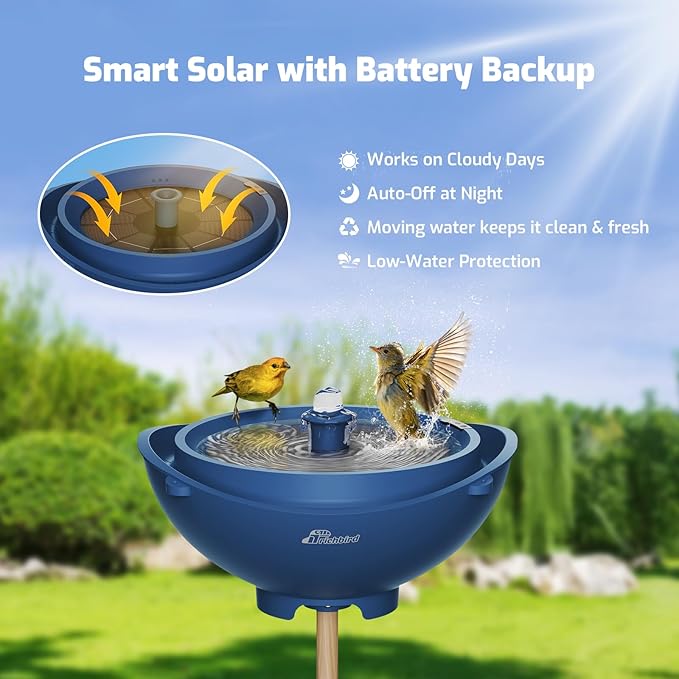 Solar Bird Bath Fountain with Battery, 3-in-1 Hanging & Freestanding Birdbath with Low-Water Protection & 3 Nozzles for Garden, Patio Decor (Deep Blue)