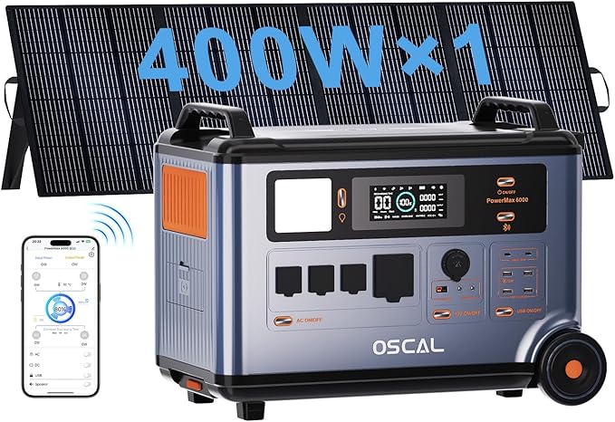 OSCAL Promax6000 Solar Generator with 1x400W Solar Panel,6000W(Peak 7200w),120V/240V Dual Voltage Portable Power Station,3600WH Lifepo4 Battery 14 Outlets,2200W 1.96H Fast Charge,for Home Backup,RV.