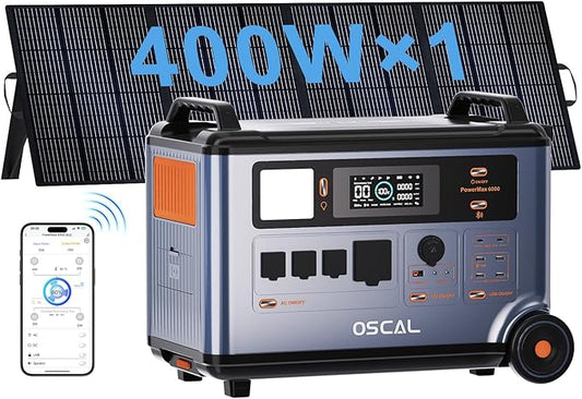OSCAL Promax6000 Solar Generator with 1x400W Solar Panel,6000W(Peak 7200w),120V/240V Dual Voltage Portable Power Station,3600WH Lifepo4 Battery 14 Outlets,2200W 1.96H Fast Charge,for Home Backup,RV.