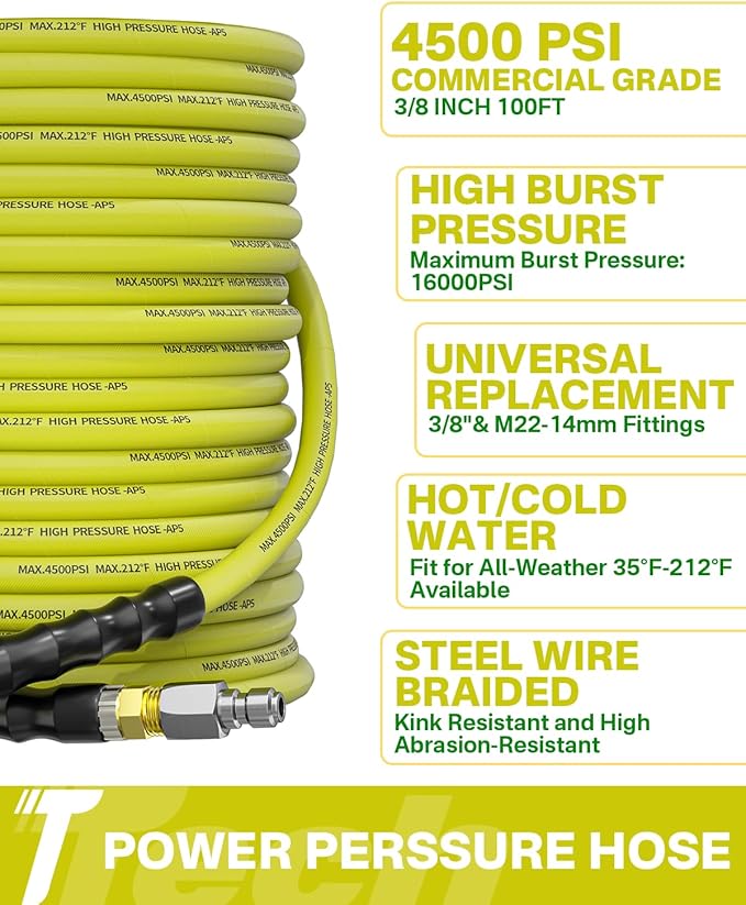 Pressure Washer Hose 100FT 3/8" for Cold and Hot Water 212°F, with Swivel Quick Connect, 4500PSI Kink Resistant Grade Steel Wire Braided, Power Washer Hose With 2pcs M22-14mm Adapter