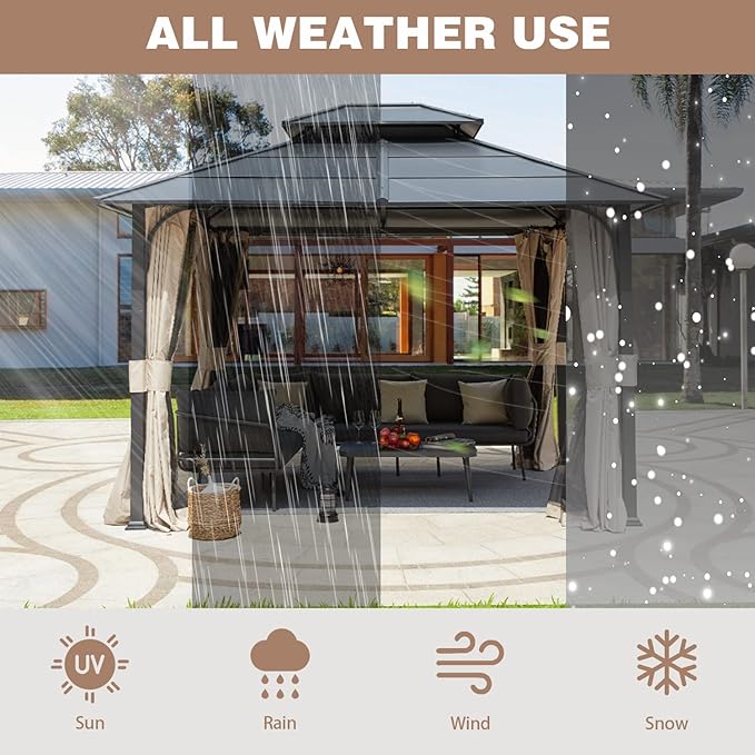 EROMMY 10'x12' Hardtop Gazebo, Double Metal Roof Canopy with Aluminum Frame, Netting and Shaded Curtains Included, Permanent Pavilion Gazebos for Patio, Backyard, Deck, Lawn, Poolside
