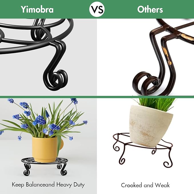 Yimobra 4 Pack Plant Stand for Flower Pot Heavy Duty Potted Holder Indoor Outdoor Metal Rustproof Iron Garden Container Round Supports Rack for Planter (4PC Black 9.4 x 2 IN)