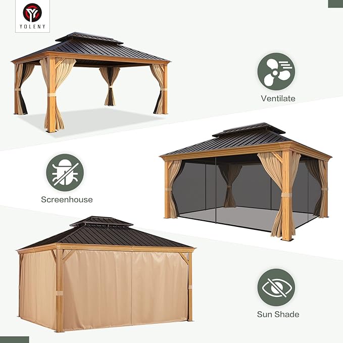 YOLENY 12'x16' Hardtop Gazebo, Wood Grain Aluminum Frame Outdoor Gazebo with Double Galvanized Steel Roof, Permanent Metal Pavilion with Curtains and Nettings for Patio, Backyard, Deck and Lawns