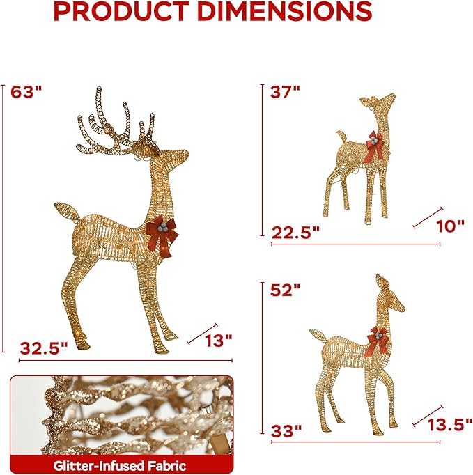 Outdoor Lighted Reindeer Family Christmas Decor, 3-Piece Large Deer (Buck/Doe/Fawn) Holiday Lawn Decorations Set, 210 Warm White LED, Metal & Rattan, Perfect for Yards, Garden
