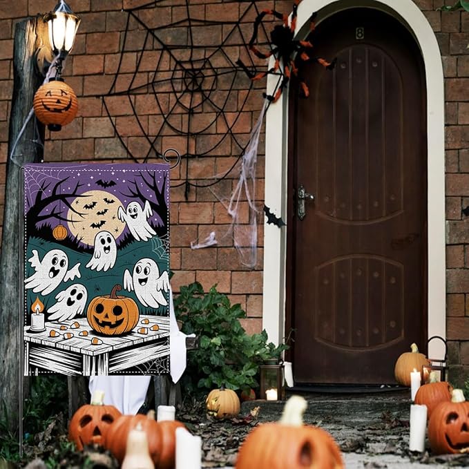 HTBIG Halloween Ghost Garden Flag, Funny Halloween Ghost Pumpkin Decor, Yard Flags for Outside 12x18 inch, For Holiday Yard Outdoor Decorate