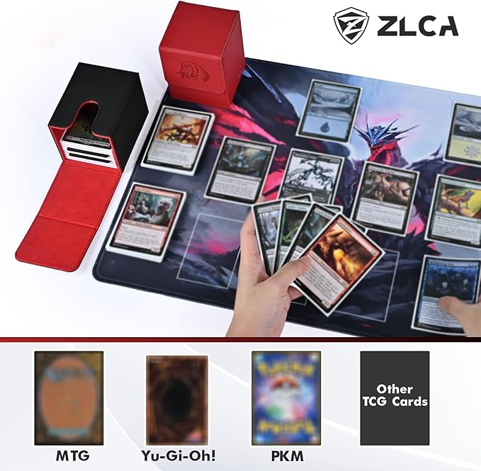 ZLCA Card Deck Box for Trading Cards with 2 Dividers, Card Storage Box Fits 100+ Single Sleeved Cards, PU Leather Card Deck Case Holder for Magic Commander TCG CCG （Black&Red,Emperor Dragon）