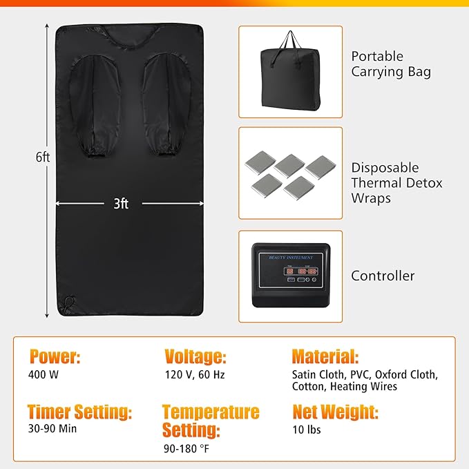 COSTWAY Infrared Sauna Blanket with Sleeves, Portable Full-Body Sauna Bed with Carry Bag, 30-90Min Timer, 90-180°F Temp Range for Relaxation & Detoxification, Muscle Tension Relief