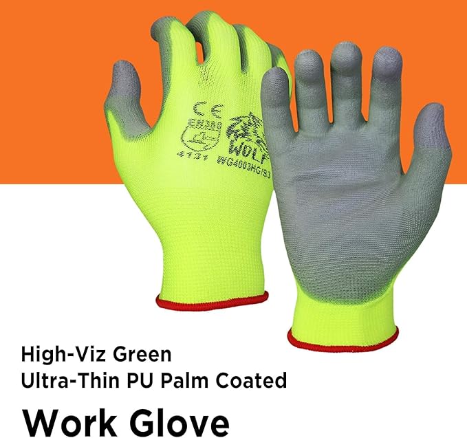 WOLF Polyurethane Palm Coated Nylon Shell Work Gloves, Construction, Mechanic, Warehouse, Yard Work, Gardening