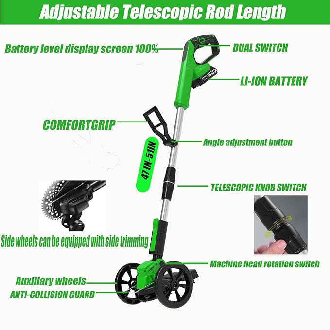 Electric Weed Wacker Battery Powered, Cordless Weed Trimmer with 21V Battery Operated & Charger & Wheels & 25 Blades, No-String Brush Cutter/Lawn Edger/Grass Trimmer for Garden Yard