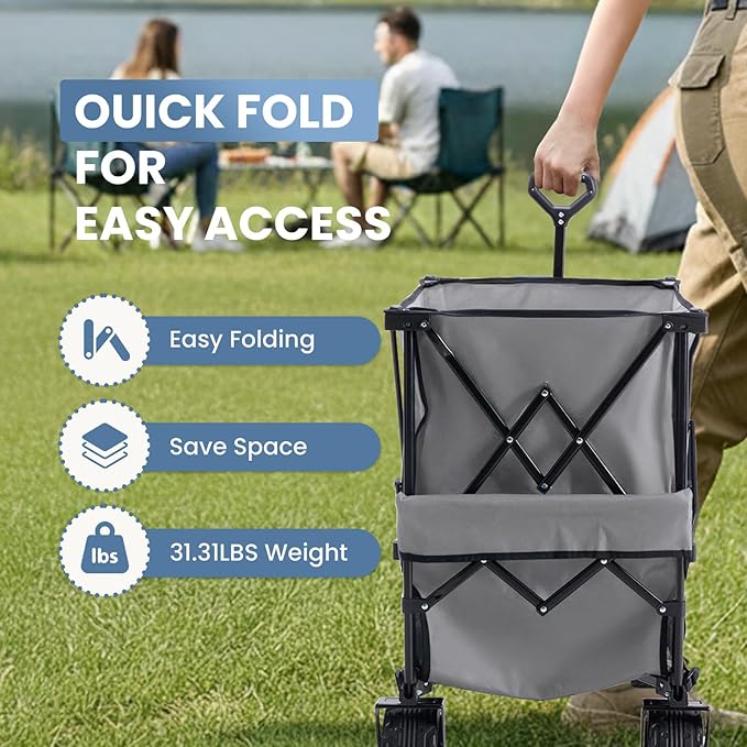 DUMOS Large Capacity Folding Double Decker Wagon with Brakes, 440 lbs Wagons Carts Foldable Wagon Cart with Flexible Handle, All-Terrain Big Wheels for Grocery Sports Garden Camping