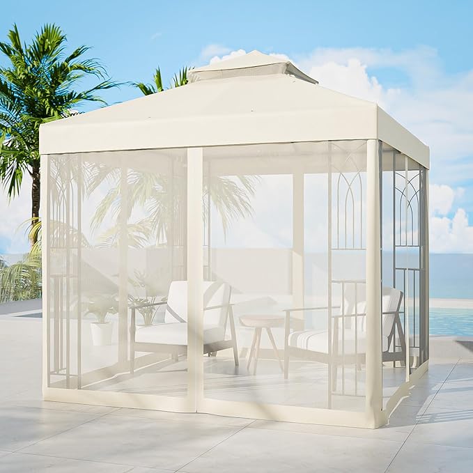 COOS BAY 8x8 Outdoor Patio Gazebo with Netting and Corner Shelves, Two-Tier Soft Top Canopy for Backyard, Lawn, Deck and Garden, Beige