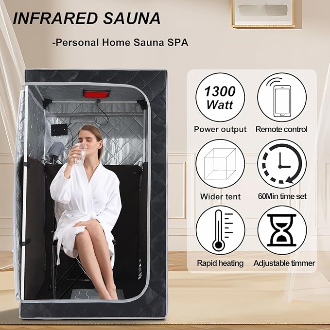 ZONEMEL 1 Person Portable Full Spectrum Infrared Sauna, Full Size Tent with Remote Control,1300W Fast Heating, Foldable Chair & LED Therapy Light, Home Spa for Relaxation (L35.4 x W35.4 x H55.1)