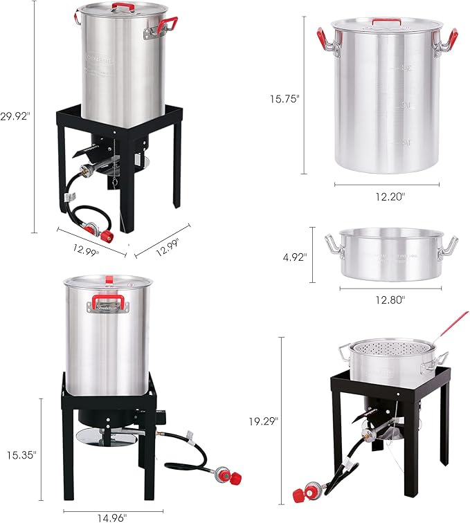 Creole Feast TFK-TG-3001 30 Qt. Turkey Fryer Boiler Steamer Kit with 10 Qt. Fish Fryer Pot & Gloves, Outdoor Turkey Fryer Pot with Basket and Burner, 50,000 BTUs, Silver & Black