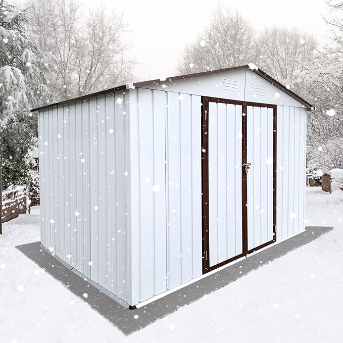 Metal Garden Sheds 8ftx10ft Outdoor Storage Sheds White+Coffee, for Backyard, Patio, Poolside