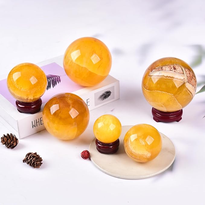 JIC Gem Natural Yellow Fluorite Crystal Sphere Crystal Decorative Ball with Wooden Stand Meditation Balls for Witchcraft Reiki Gift 40-50mm