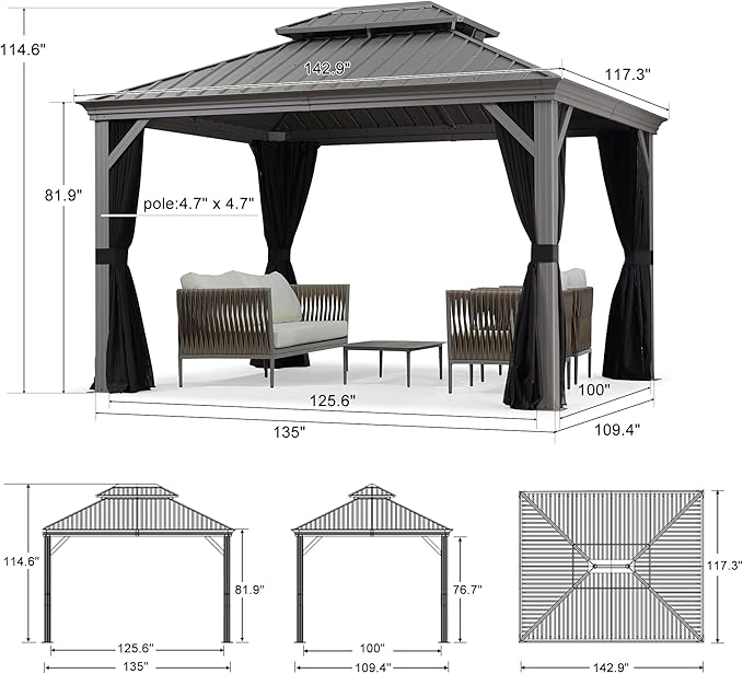 PURPLE LEAF 10' x 12' Hardtop Aluminum Gazebo with Double Metal Roof Heavy Duty Permanent Gazebo for Patio Deck Lawn Garden All Weather Outdoor Pavilion Gazebos, Light Grey