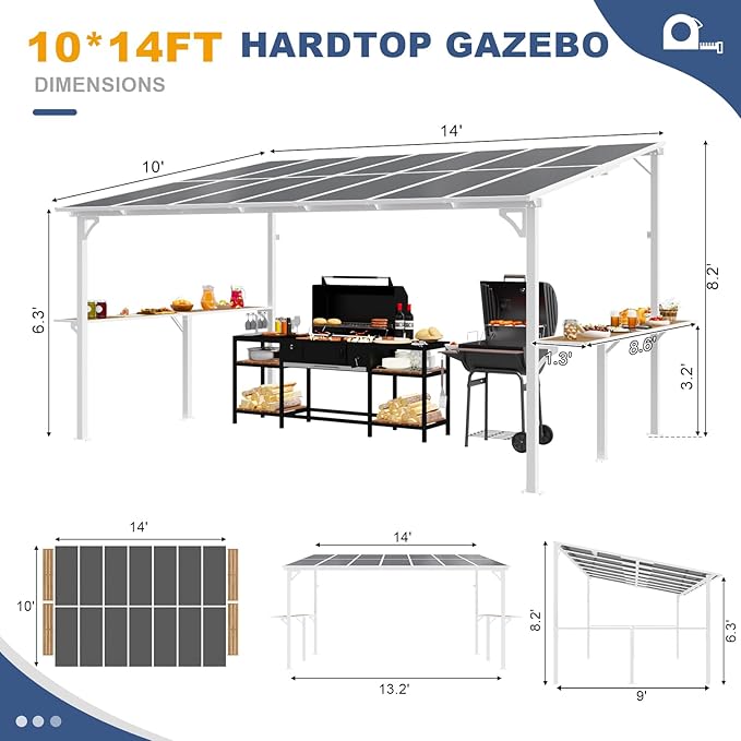MEISSALIVVE 10' x 14' Wall Mounted Gazebo, Outdoor BBQ Grill Gazebo with Side Shelf, Lean to Metal Awnings with Sloped Roof, Heavy Duty Pergola for Backyard, Deck, White