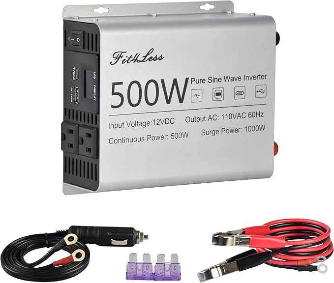 Pure sine Wave Inverter DC 12V Input and AC 110V Output with LCD Display, USB Output Port, Type-C Output Port(500W)