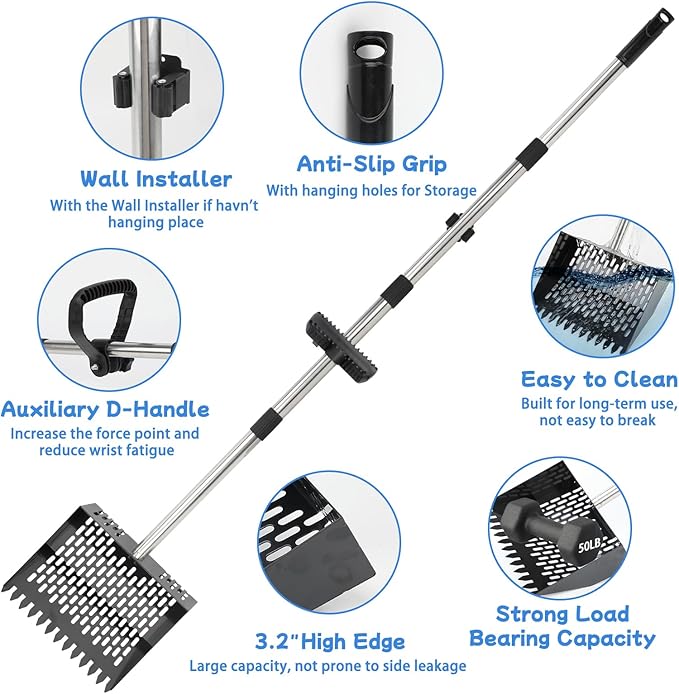 FHTONGE Heavy Large 2-in-1 Chicken Poop Scoop and Rake with Grip, Adjustable 5 Lenghts 22-74" Metal Chicken Coop Scooper for Sand Hay Bedding Litter, Sifting Shovel for Farm Livestock Poultry Garden