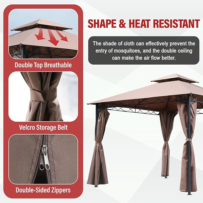 10'x10' Outdoor Patio Canopy Rain-Proof Pop Up Gazebo UV-Resistant Canopy Tent with Double Roof Tops Curtain for Backyard, Patio and Garden, Brown
