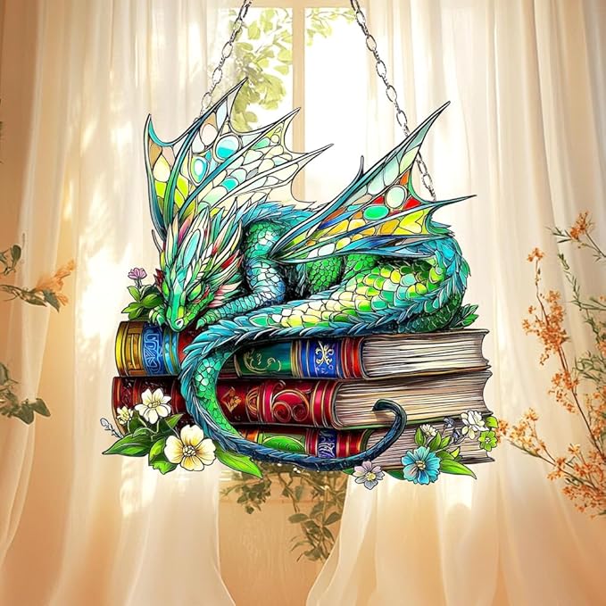 Dragon Books Bookish Acrylic Suncatcher Stained Glass Effect Window Car Hanging Christmas Ornament Indoor Outdoor Decor Garden Bookworm Sun Catcher Book Lover for Women Mom Grandma