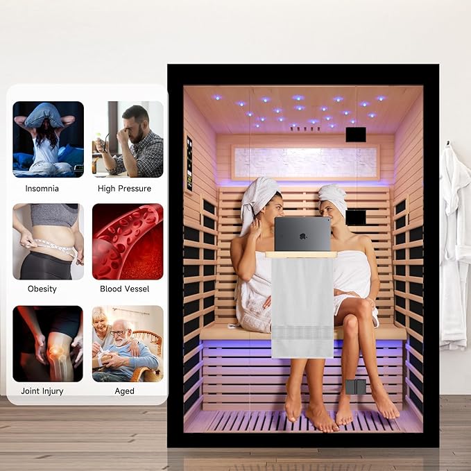 Far Infrared Home Sauna Room,2160W 7 Color Light Therapy Lamp Dry Saunas for Home,Infrared Sauna 2-3 Person,Canadian Hemlock Indoor Sauna Spa with Oxygen Bar,Starry Night Light Canopy