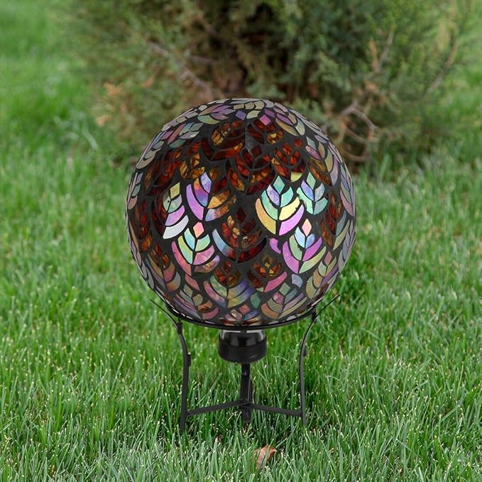 Lily's Home Colorful Mosaic Glass Gazing Ball, Designed with a Stunning Holographic Petal Mosaic Baroque Splendor Pattern to Bring Color to Any Home and Garden, Silver & Purple (10 Inches Dia.)